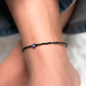 Black Tourmaline Anklet with Evil Eye Charm